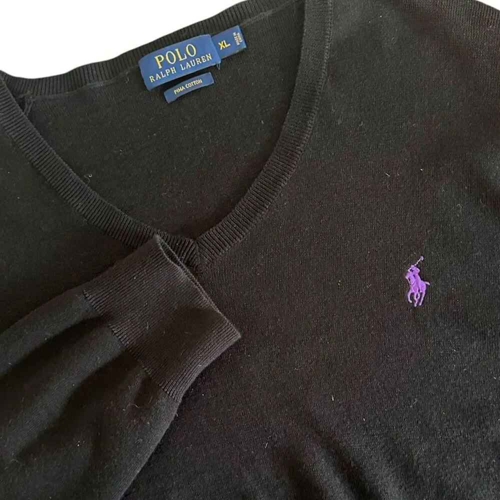 Polo Ralph Lauren Black Pima Cotton V-Neck Purple Pony Pullover Sweater Mens‎ XL